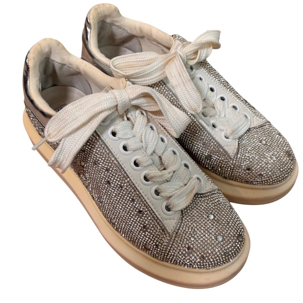 Steve Madden Glimmer-R Rhinestone‎ Platform Sneakers Silver White Womens 7.5